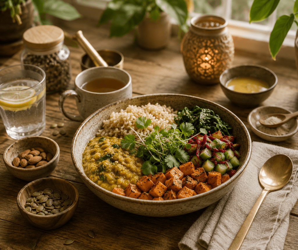 A meal with grains, lentils and vegetables