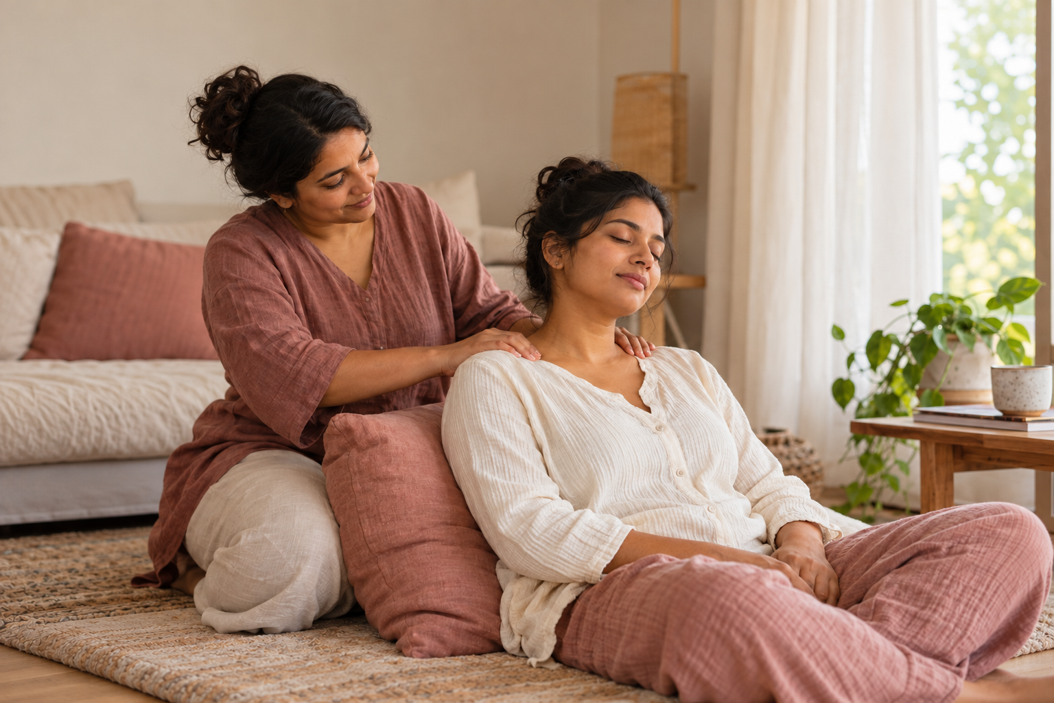 Illustrative gentle shoulder massage in a home setting