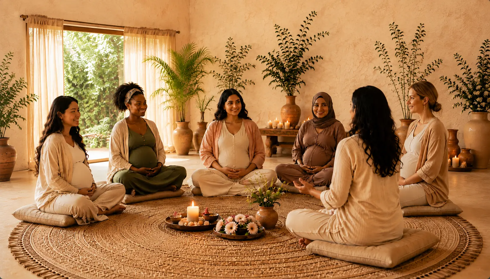 A diverse group of pregnant women gathered in an intimate facilitated circle
