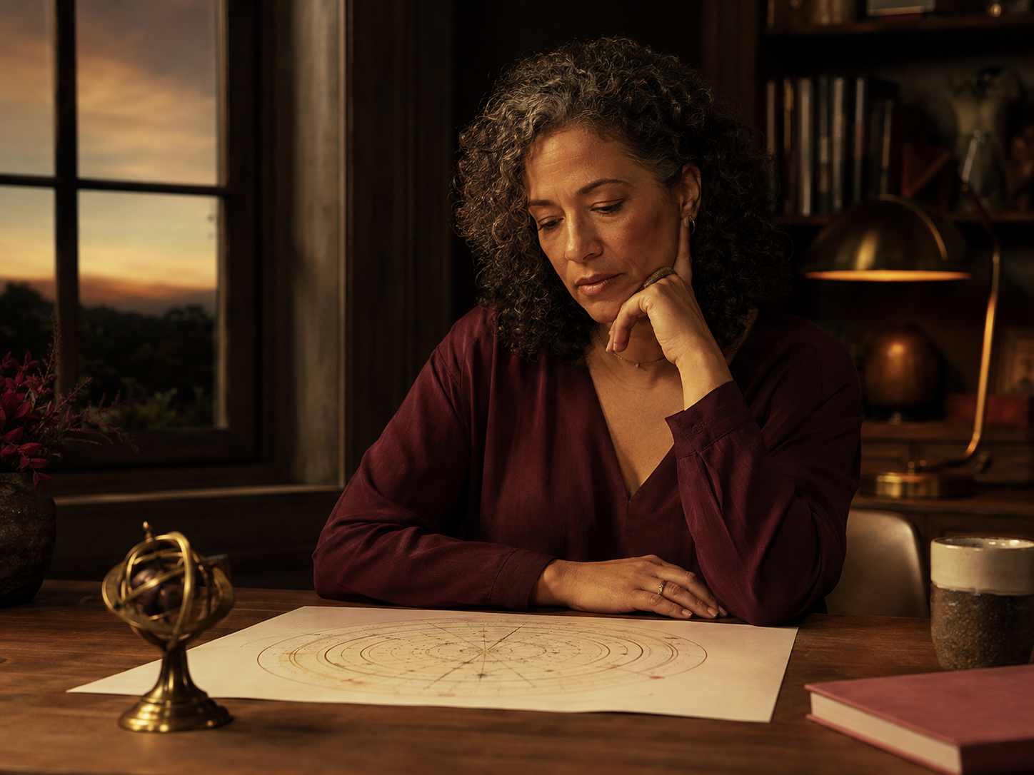 A woman in quiet reflection beside a warm window