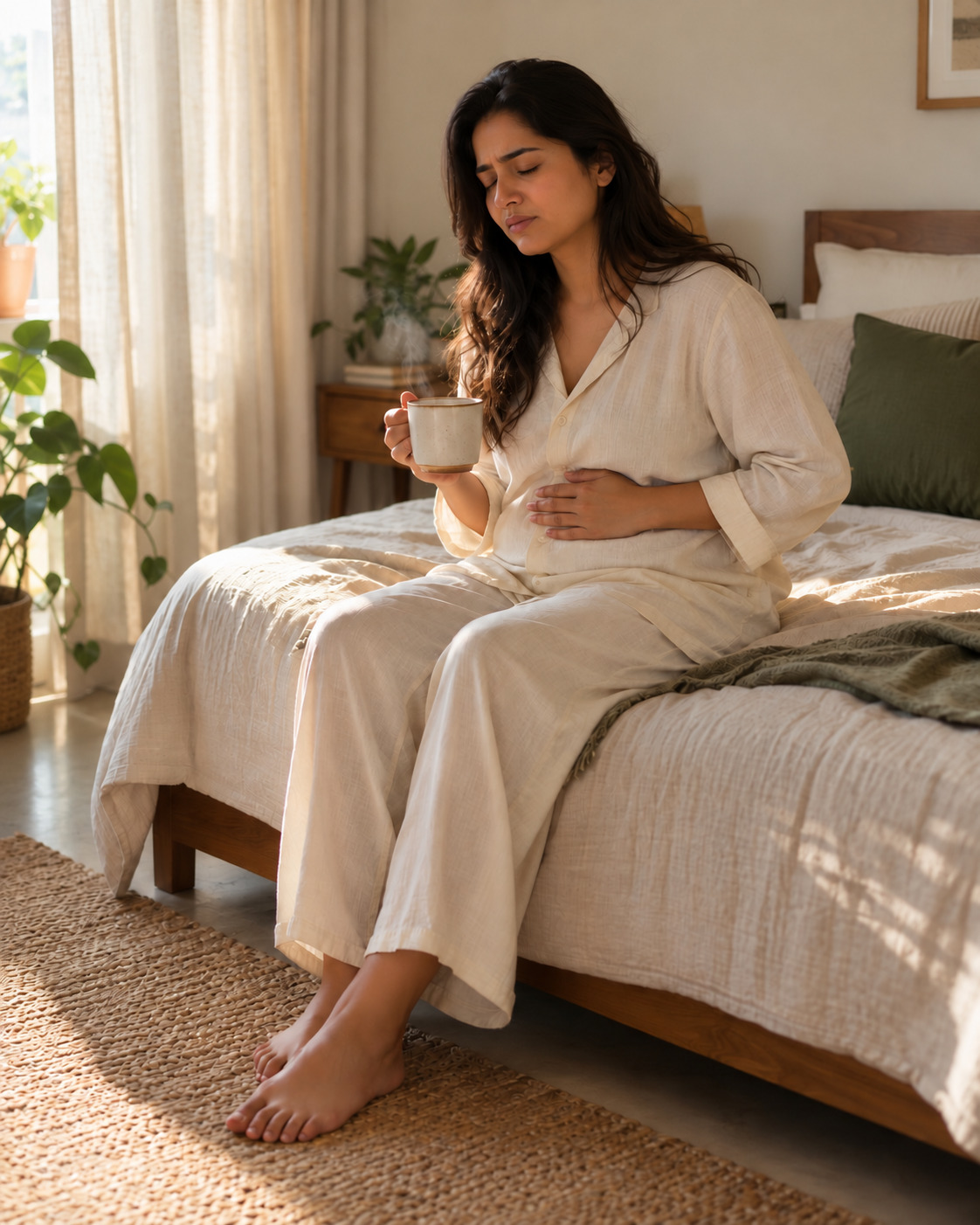 A woman in early pregnancy resting with a warm cup